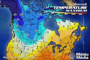 Température maximum au Canada prévue pour le 29 novembre 2006