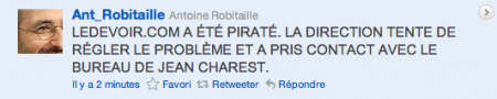 Tweet d'Antoine Robitaille sur la mort de Jean Charest