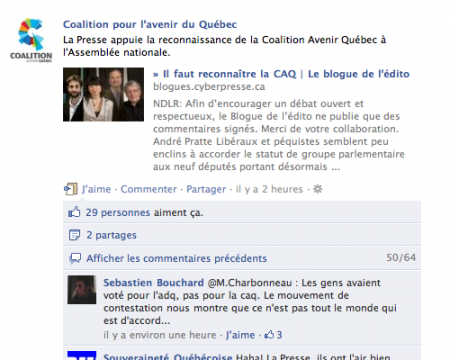 La CAQ s'empresse de partager sur Facebook que la Presse la supporte