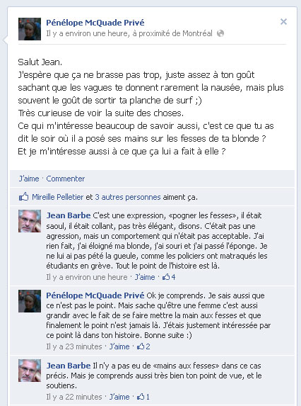 Pénélope Mcquade questionne Jean Barbe sur Facebook