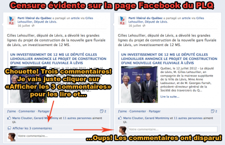 Le PLQ censure sur Facebook